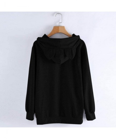Thermal Underwear Cat Ear Hoodie Sweater Womens Solid Long Sleeve Sweatshirt Hooded Pullover Tops Blouse - Black-b - CZ18M2Y5YU8
