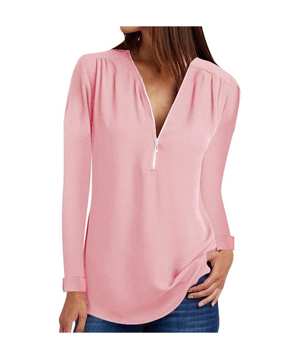 Tops Womens Casual Tops Shirt Ladies V Neck Zipper Loose Blouse Tee TopSequins Plaid T-Shirt Blouse - Pink - CT194Q3QS7T