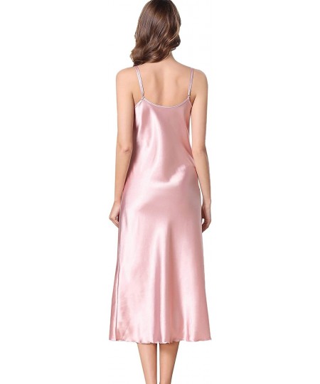 Nightgowns & Sleepshirts Womens Silky Nightdress Deep V-Neck Satin Full Slip Lingerie Sleepwear - Pink - CM18U0QNG3L