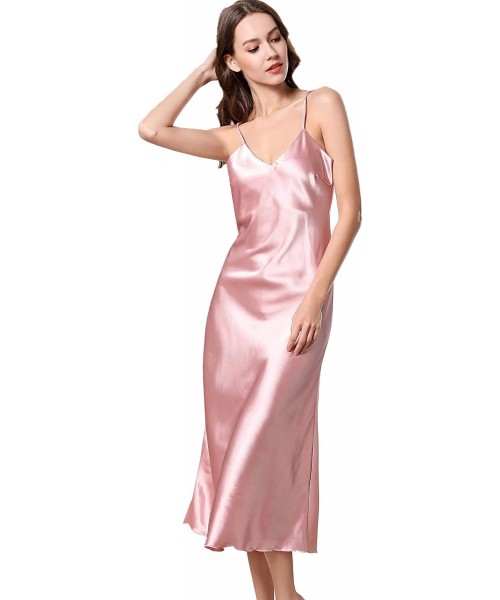 Nightgowns & Sleepshirts Womens Silky Nightdress Deep V-Neck Satin Full Slip Lingerie Sleepwear - Pink - CM18U0QNG3L