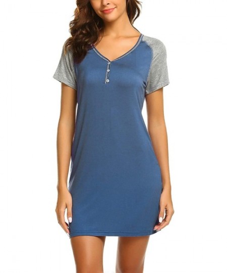 Nightgowns & Sleepshirts Women Short Sleeve V Neck Soft Nightwear Shirt Sleeping Nightgown Nightshirts - Navy Blue - CB19DQC76G5