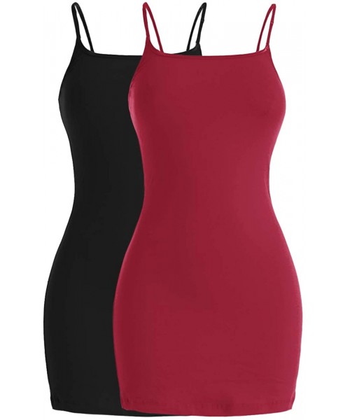 Camisoles & Tanks Women's Cotton Camisole Solid Long Length Adjustable Spaghetti Strap Tank Top - 2-pack (Black/Burgundy) - C...