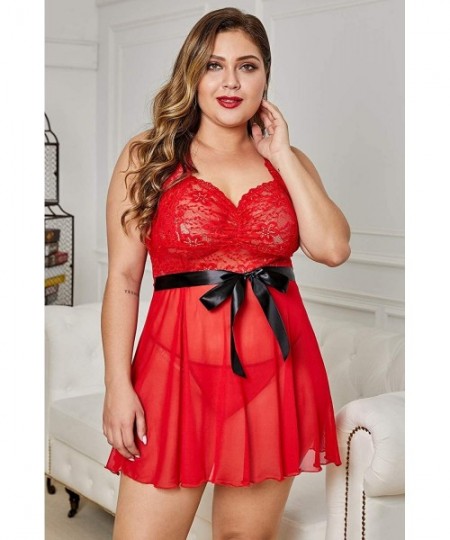 Baby Dolls & Chemises Women's Plus Size Lace See Through Lingerie Babydoll Chemise Nightie - Red 31385 - CE1976MQYUL