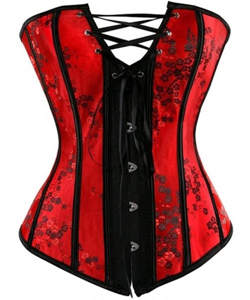 Bustiers & Corsets Women Plus Size Lace up Corset Overbust G-String Top Corset Plastic Boned-C232 - Red - CB190ORZ2AS
