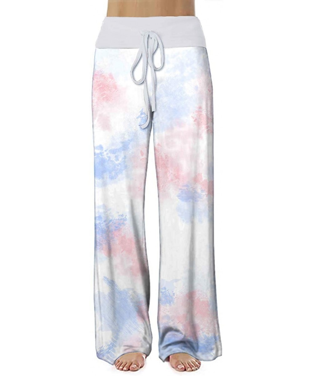 Bottoms Women's Comfy Stretch Floral Print Drawstring Palazzo Wide Leg Lounge Pant - Tie-dyed White - CF19E48IYDO