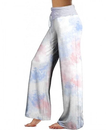Bottoms Women's Comfy Stretch Floral Print Drawstring Palazzo Wide Leg Lounge Pant - Tie-dyed White - CF19E48IYDO