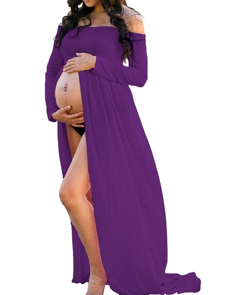 Nightgowns & Sleepshirts Womens Off Shoulder Long Sleeve Maternity Maxi Photography Dress Split Front Chiffon Gown for Photos...