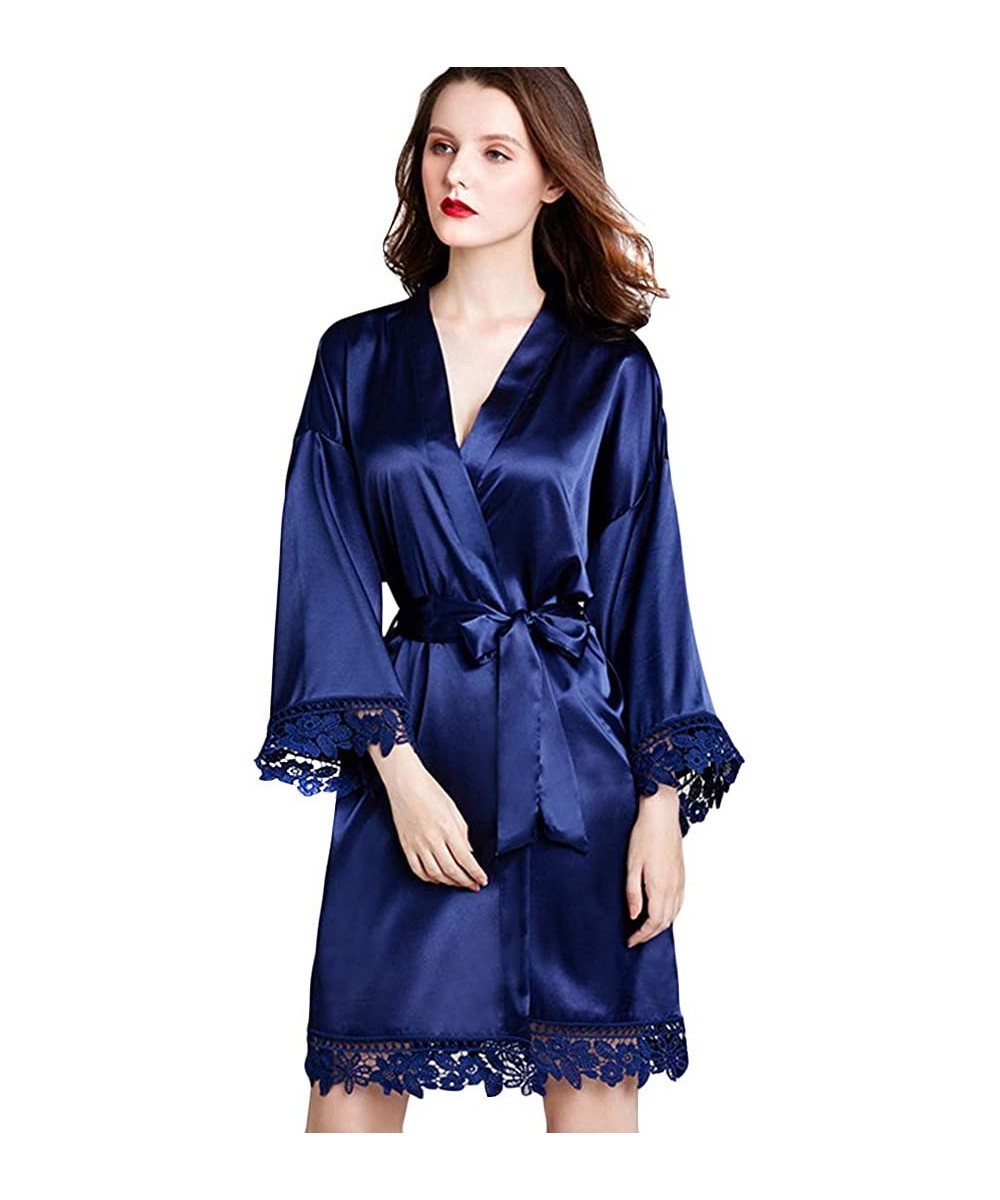 Robes Women's Silky V-Neck Kimono Lace Trim Loose Nightgoen 3/4 Sleeve Solid Color Bridesmaids Robe - Navy Blue - CT197HRNCAM