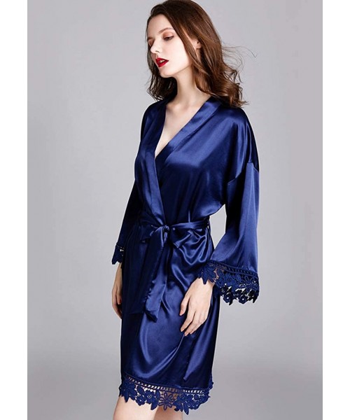 Robes Women's Silky V-Neck Kimono Lace Trim Loose Nightgoen 3/4 Sleeve Solid Color Bridesmaids Robe - Navy Blue - CT197HRNCAM