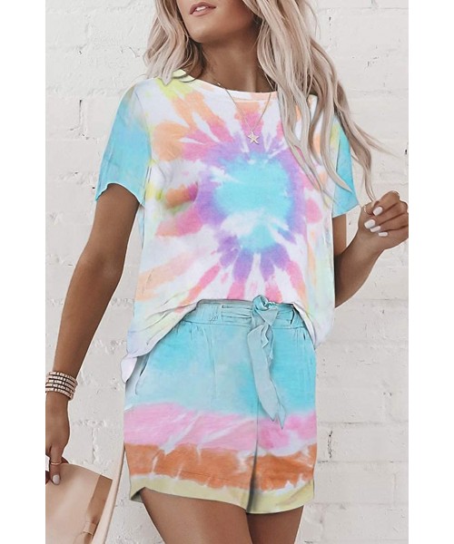 Nightgowns & Sleepshirts Women's Summer Tie Dye Casual Outfits Round Neck Short Sleeve 2 Piece Short Set - H-b/Multicolor - C...