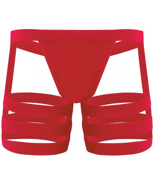 G-Strings & Thongs Mens Low Rise Bulge Pouch Backless Thongs Bikini Briefs Lingerie Underwear with Legs Garters - Red - C1190...