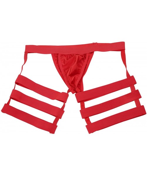 G-Strings & Thongs Mens Low Rise Bulge Pouch Backless Thongs Bikini Briefs Lingerie Underwear with Legs Garters - Red - C1190...