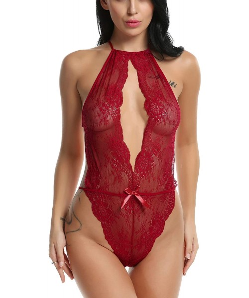 Baby Dolls & Chemises Lingerie for Women Teddy One Piece Lace Babydoll Bodysuit - Wine Red - CH12MXXRDPB