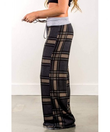 Bottoms Women's Comfy Casual Pajama Pants Floral Print Stretchy Drawstring Wide Leg Lounge Pants - Brown Plaid - CN18YLUR78X