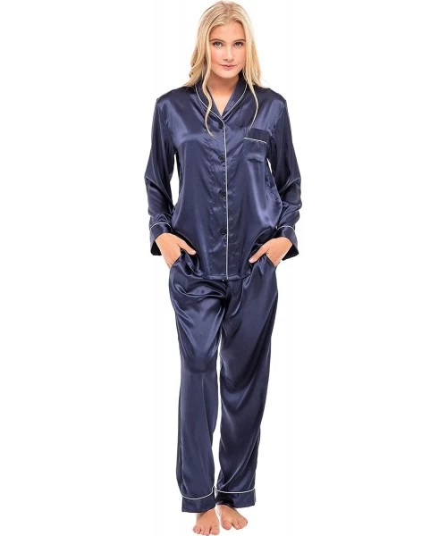Sets Women's Satin Pajama Set- 2-Piece Long Sleeved - Midnight Blue With Piping Hd - CK18ZH8UINX