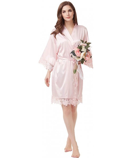Robes Women's Matte Satin Kimono Wedding Robe for Bride and Bridesmaid with Lace Trim - Pink - CO18SDER2XQ