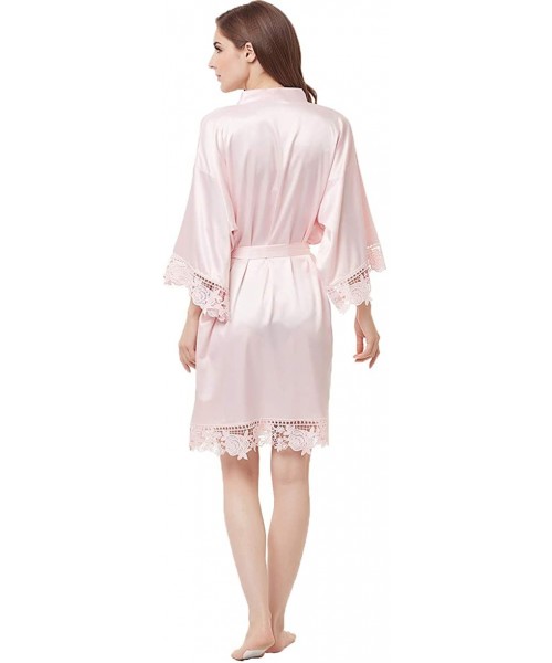 Robes Women's Matte Satin Kimono Wedding Robe for Bride and Bridesmaid with Lace Trim - Pink - CO18SDER2XQ