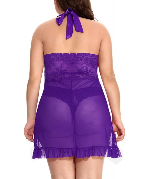Baby Dolls & Chemises Women's Plus Size Lingerie Open Back Lace Babydoll - Purple_04 - CG18Z2KRNA6