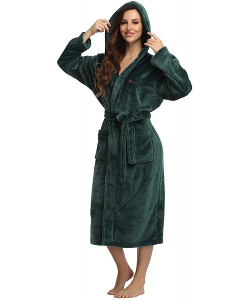 Robes Fleece Womens Robe Lightweight Soft Plush Warm Bathrobes with Hood - Oil Green - C5199UKLGD0