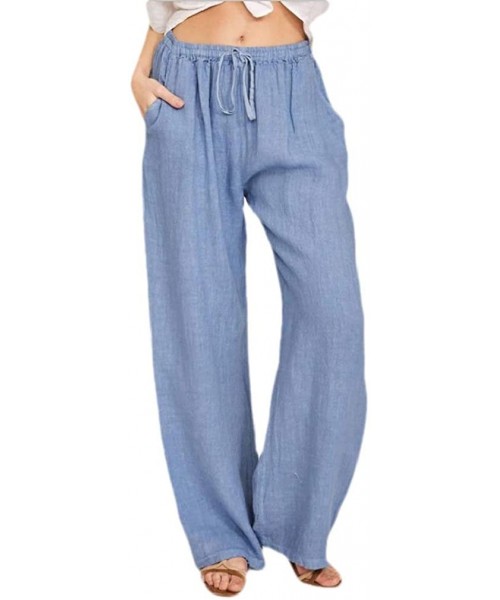 Bottoms Womens Comfy Cotton Linen Solid Loose Fit Drawstring Wide Leg Palazzo Lounge Pants - Blue - CQ19C29KNE5