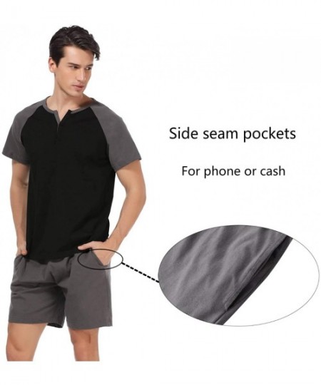 Sleep Sets Men's 100% Cotton Pajamas Set Short Sleeve Crew Neck Lounge Sleepwear - Z-black - CJ18O7AZ44G