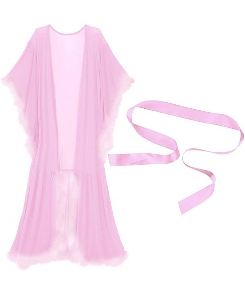 Nightgowns & Sleepshirts Womens Mesh Sheer Flare Sleeves Feather Long Lingerie Bathrobe Nightgown Dress - Lavender Pink - CF1...