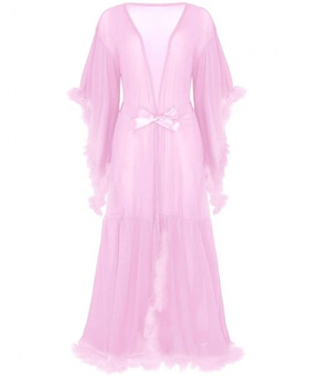 Nightgowns & Sleepshirts Womens Mesh Sheer Flare Sleeves Feather Long Lingerie Bathrobe Nightgown Dress - Lavender Pink - CF1...