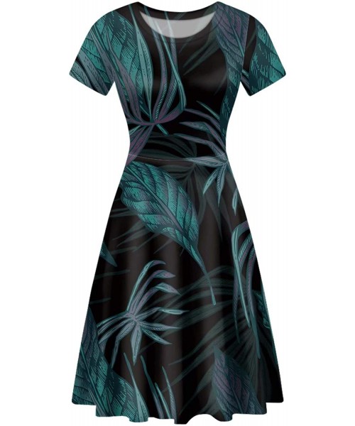 Nightgowns & Sleepshirts Midi Dress Women Floral Summer Short-Sleeve Plus Size Scoop Neck A-line - Leaves Dark - CD1952HU6MR