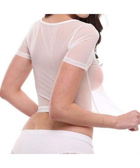 Shapewear Women's Sheer Mesh Sexy See-Through Lace Short Sleeve Crop Tops Casual T-Shirt - White - CD18UT2LDM6