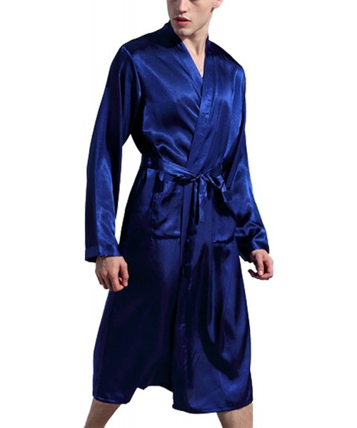 Robes Men's Lightweight Satin Sleep Robe Kimono Gown- Bathrobe for Men Long Style - Dark Blue - CZ182GTLO8G