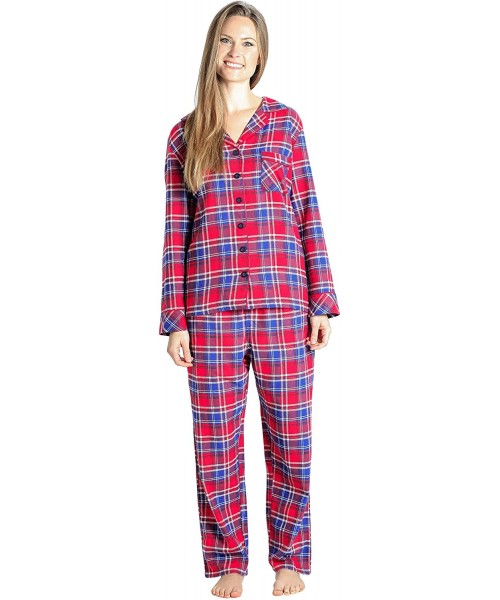 Sets Sleepwear Womens Flannel Pajamas- Long 100% Cotton Pj Set - Red Plaid - CG187WTDW4X