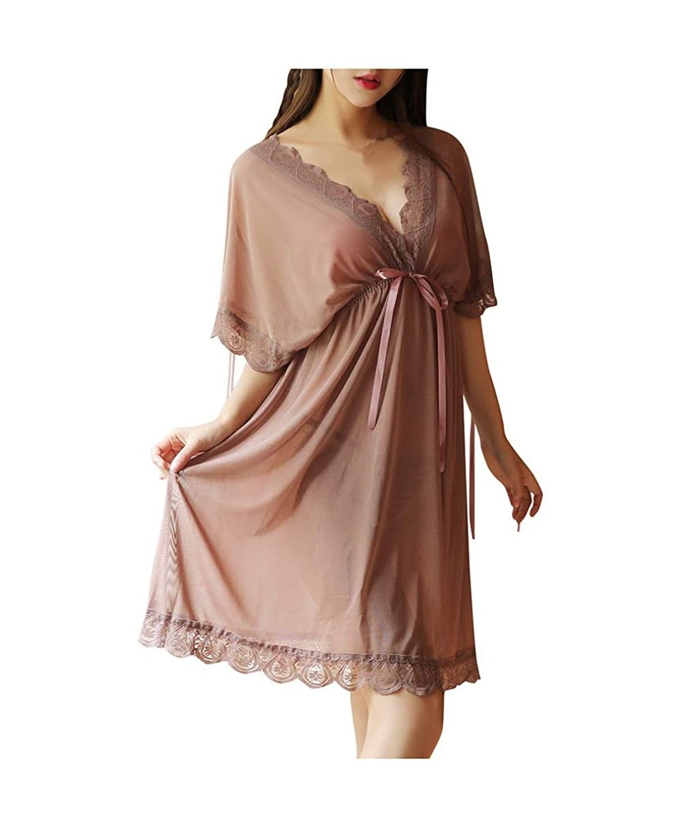 Nightgowns & Sleepshirts Women Sexy Lace Trim Sleepwear V Neck Short Sleeve See Through Nightdress Pajamas - Red - CJ19640GG84