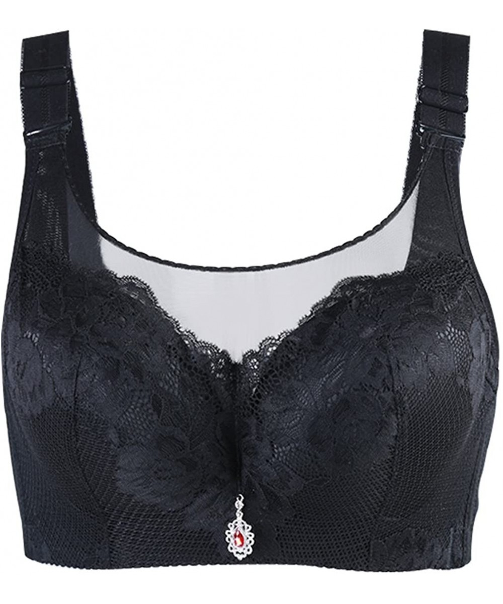 Bras Women Full Coverage Lace Front Plus Size Breathable Wirefree Cami Bra - Black - C7188KDKMGE
