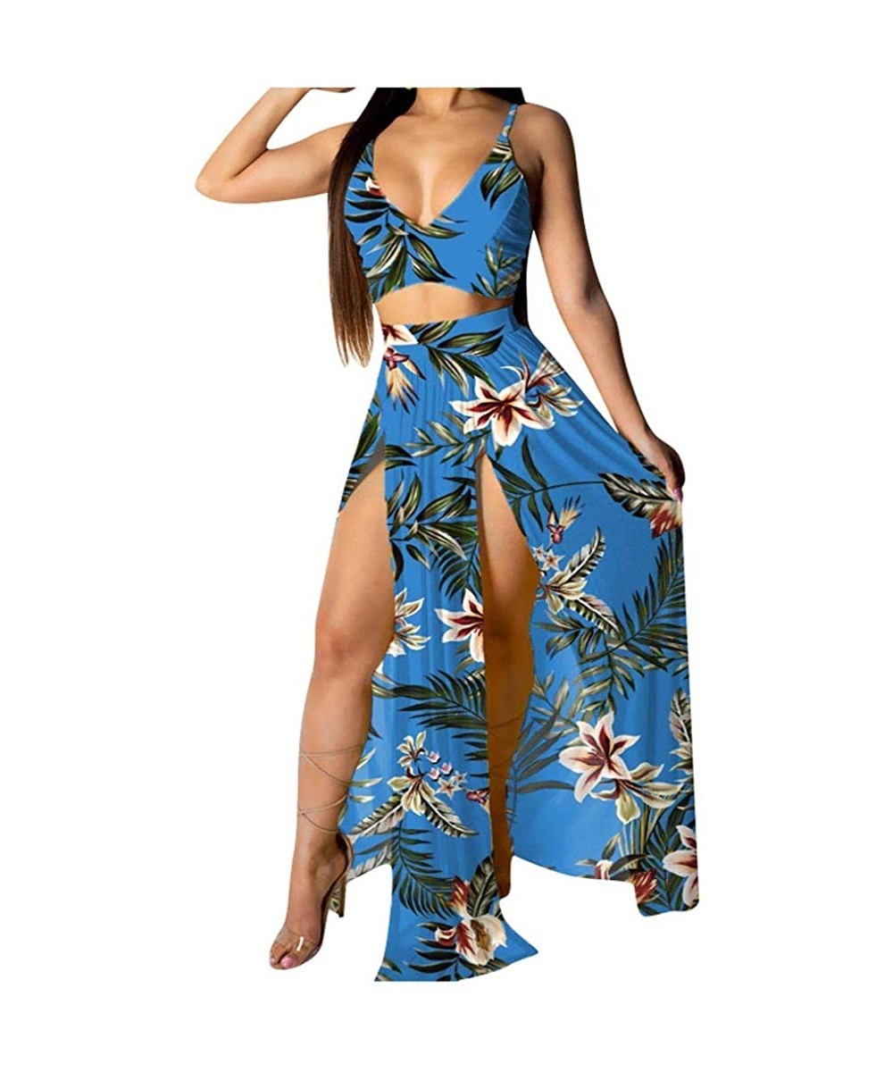 Robes Women Sexy Floral Print Summer Chiffon Sleeveless Crop Tops Maxi Skirt - Blue - CM196SHC4XK