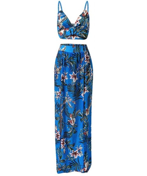 Robes Women Sexy Floral Print Summer Chiffon Sleeveless Crop Tops Maxi Skirt - Blue - CM196SHC4XK