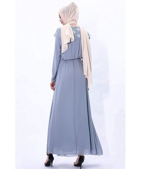 Robes Women Muslim Abaya Summer Embroidered Maxi Chiffon Robe - Grayblue - CR19D8SZMKZ