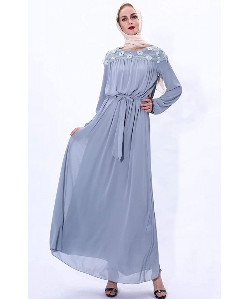 Robes Women Muslim Abaya Summer Embroidered Maxi Chiffon Robe - Grayblue - CR19D8SZMKZ