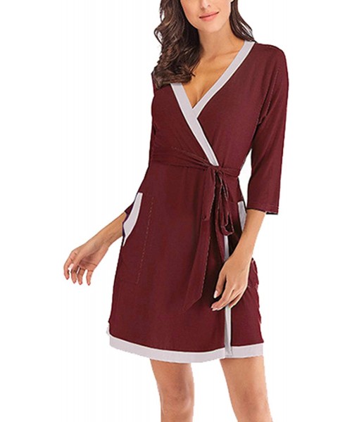 Robes Women's Color-Trim Kimono Robes Cotton Lightweight 3/4 Sleeve Short Bathrobe Sleepwear Loungwear - Ruby - CG198N2XW6Y