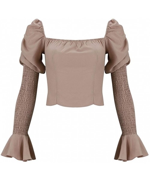 Tops Women Fashion Solid Cold Shoulder Blouse Puff Sleeve Fold Shirt Slim Tops - Khaki - CW195H4QWKE