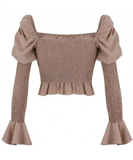 Tops Women Fashion Solid Cold Shoulder Blouse Puff Sleeve Fold Shirt Slim Tops - Khaki - CW195H4QWKE