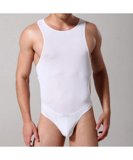 Shapewear Men's One Piece Leotard Bodysuit Waist Adjustable Slim Cut Swimsuit Thong Singlet - White - CI19DNYO6M8