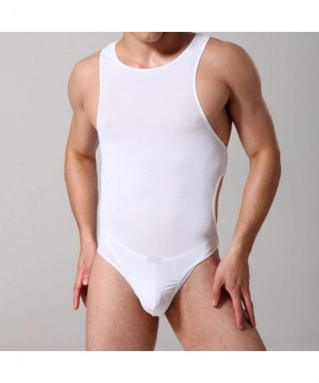 Shapewear Men's One Piece Leotard Bodysuit Waist Adjustable Slim Cut Swimsuit Thong Singlet - White - CI19DNYO6M8