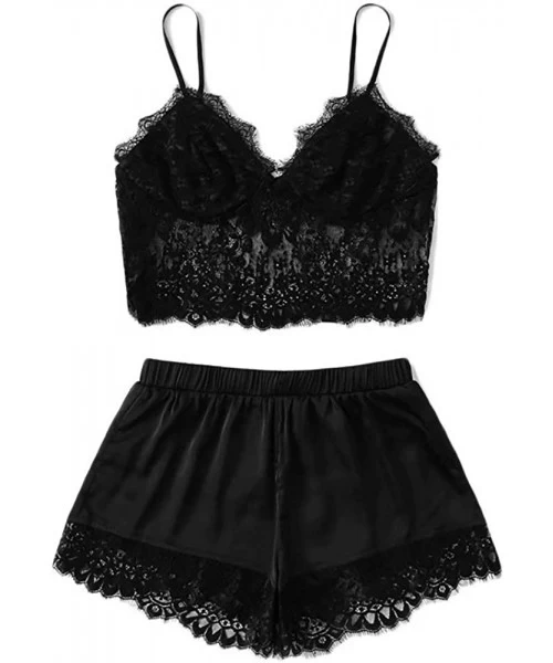 Sets Women's Sexy lace Sleep Set cami Black lace top and Shorts - CG19CQGTET4