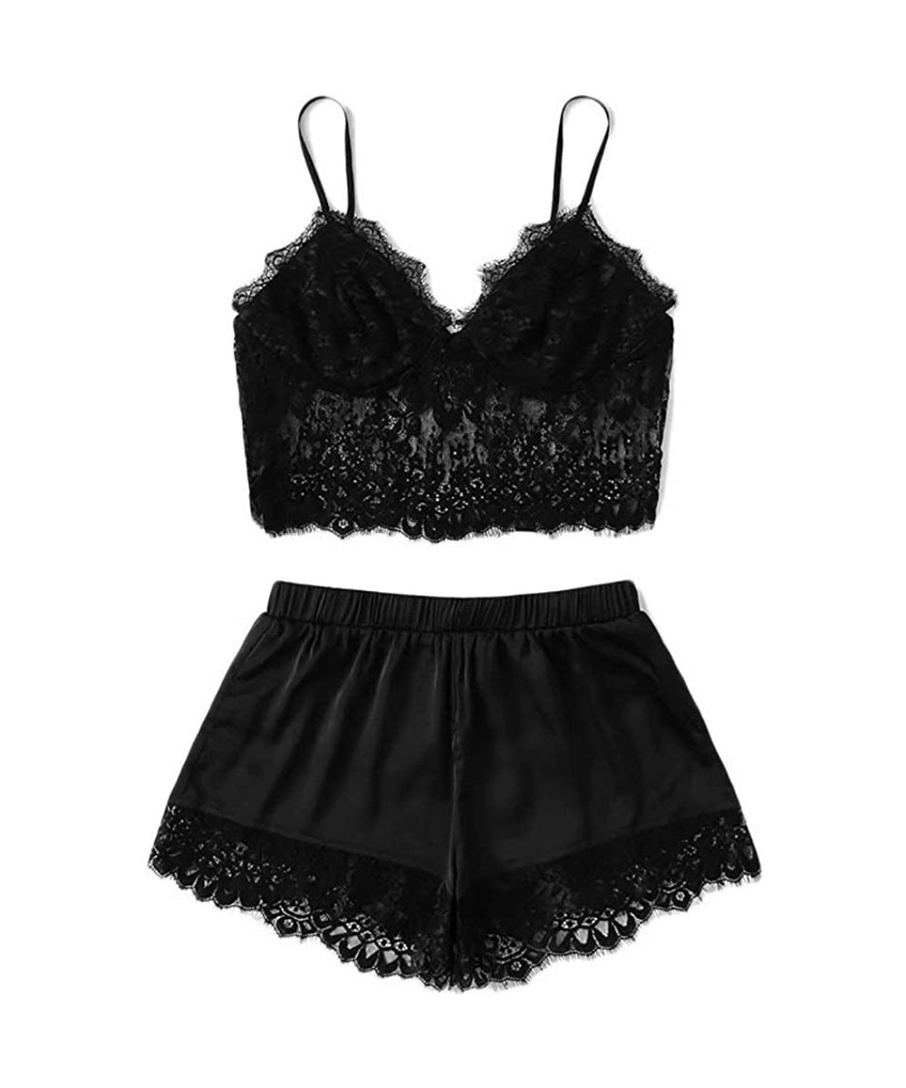 Sets Women's Sexy lace Sleep Set cami Black lace top and Shorts - CG19CQGTET4