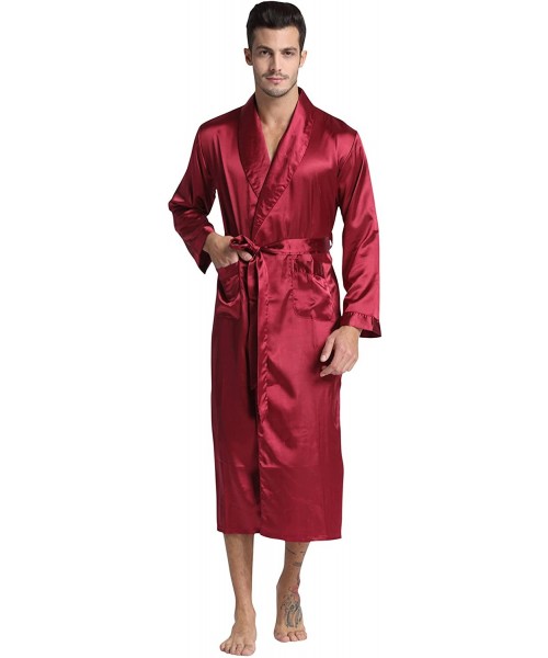 Robes Men's Long Classic Satin Charmeuse Robe - Burgundy - CC11ZJV463J
