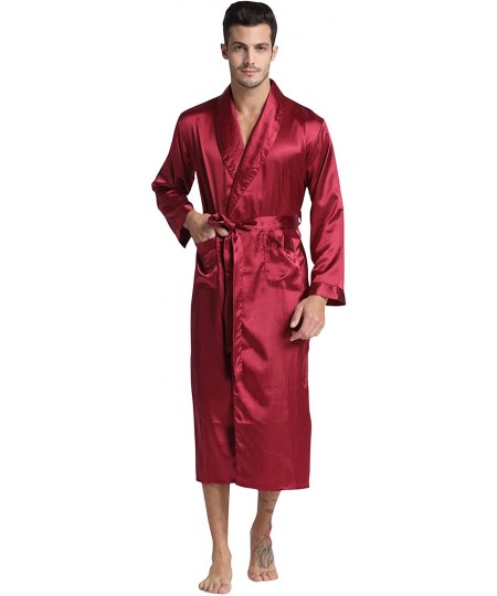 Robes Men's Long Classic Satin Charmeuse Robe - Burgundy - CC11ZJV463J