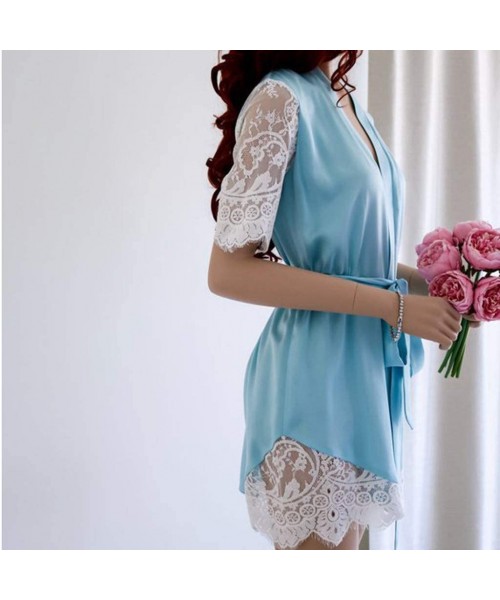 Tops Sexy Sleepwear-Women's Bathrobes Short Lace Satin Kimono Robes Bridesmaids Pajamas with Oblique - Blue - C9193Q3WK5Z