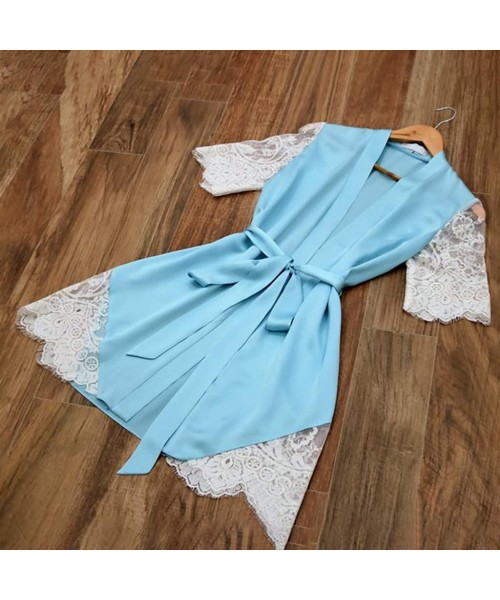 Tops Sexy Sleepwear-Women's Bathrobes Short Lace Satin Kimono Robes Bridesmaids Pajamas with Oblique - Blue - C9193Q3WK5Z