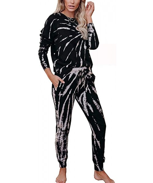 Bottoms Womens Tie Dye Long Sleeve Sleepwear Loose Casual Soft Lounge Wear Pajamas Sets - Black - CF198XORXYI