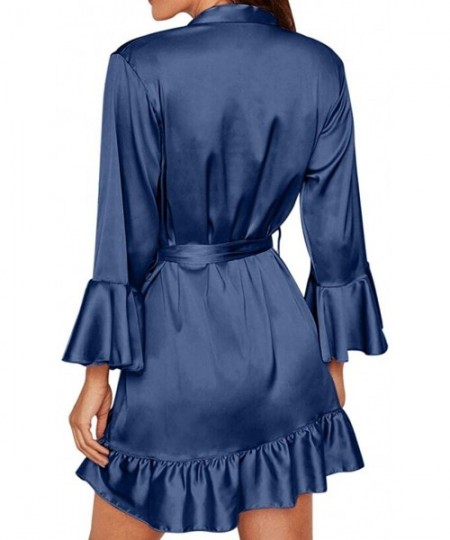 Robes Womens Sleepwear 3/4 Ruffle Sleeve Solid Color Stain Short Robe Lightweight Bathrobe Soft Nightwear with Belt Plus Size...